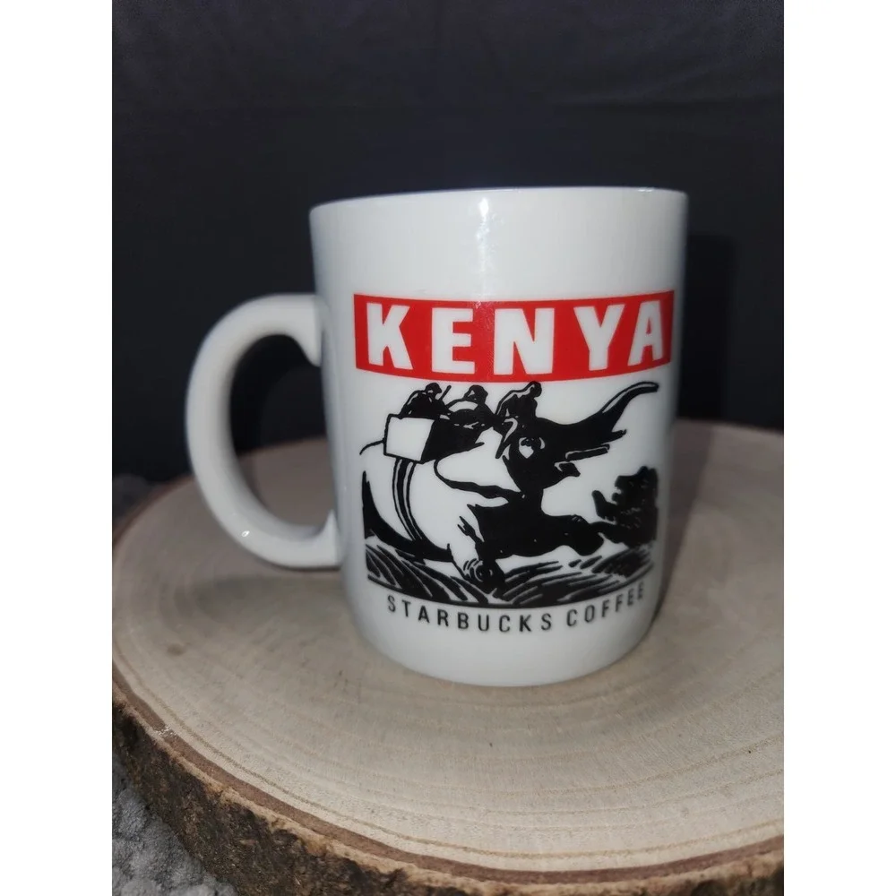 Starbucks Kenya White Ceramic 10 oz Coffee Tea Mug Cup Elephant Lion Safari RARE